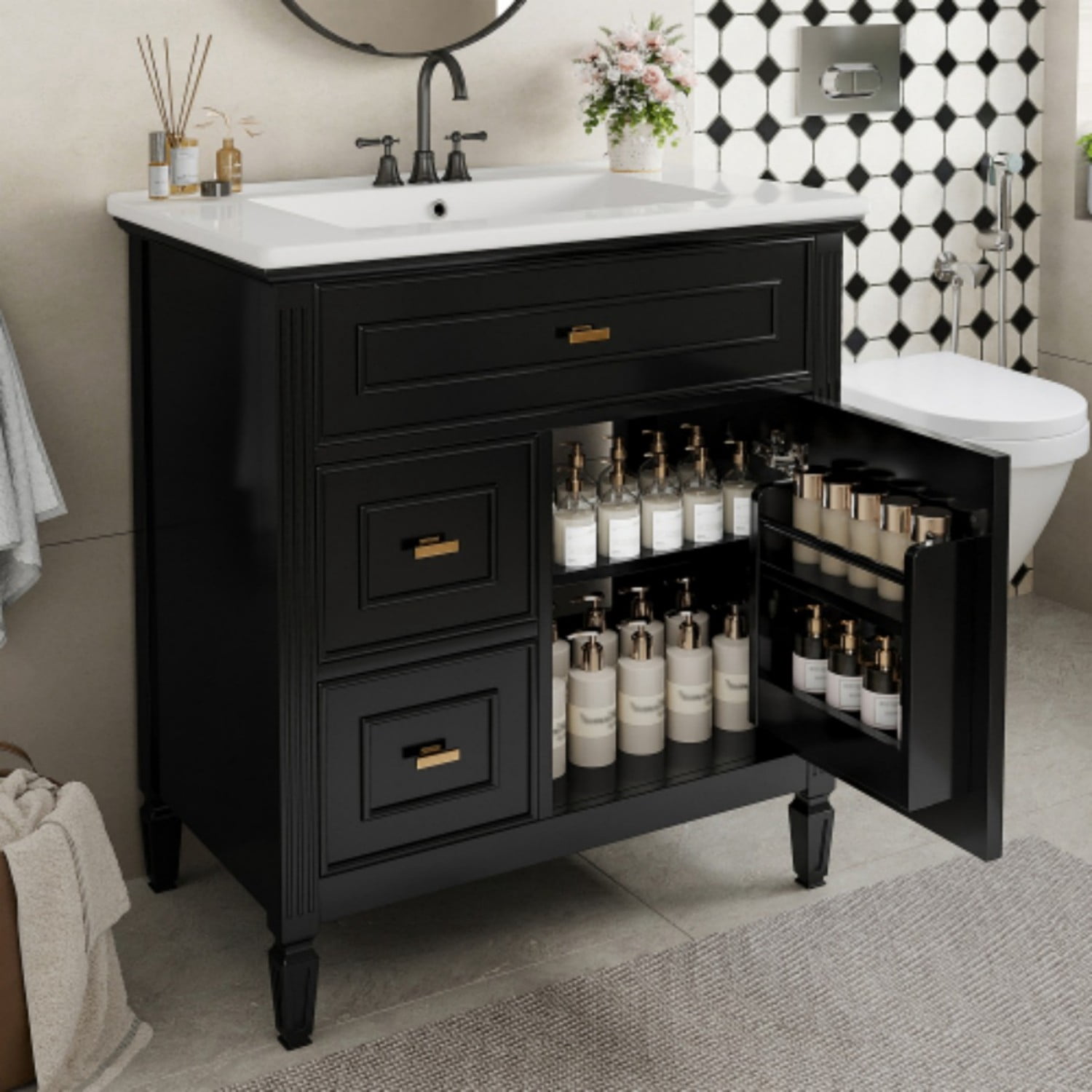 30" Bathroom Vanity with Sink, Modern Bathroom Cabinet with Ceramic Undermount Sink, Solid Wood & MDF Storage Cabinet with Flip Drawer, Adjustable Shelf, Black