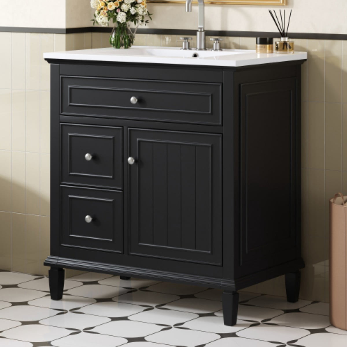 30" Bathroom Vanity with Sink, Modern Bathroom Cabinet with Ceramic Vanity Sink, Solid Wood & MDF Storage Cabinet with Flip Drawer, Adjustable Shelf, Black