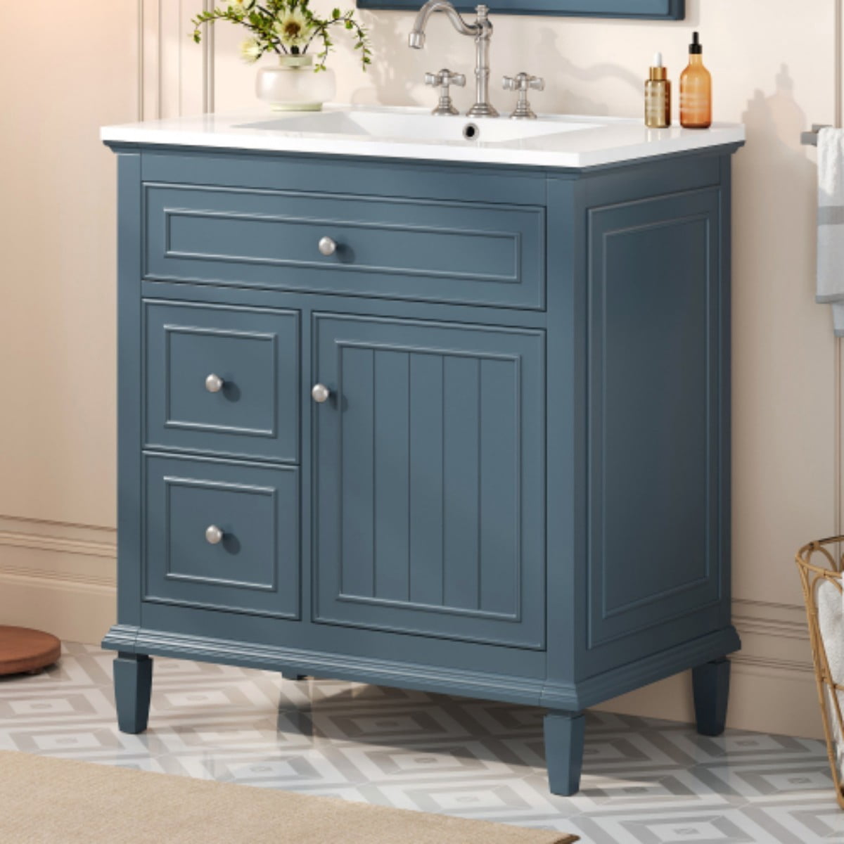 30" Bathroom Vanity with Sink, Modern Bathroom Cabinet with Ceramic Vanity Sink, Solid Wood & MDF Storage Cabinet with Flip Drawer, Adjustable Shelf, Blue Gray