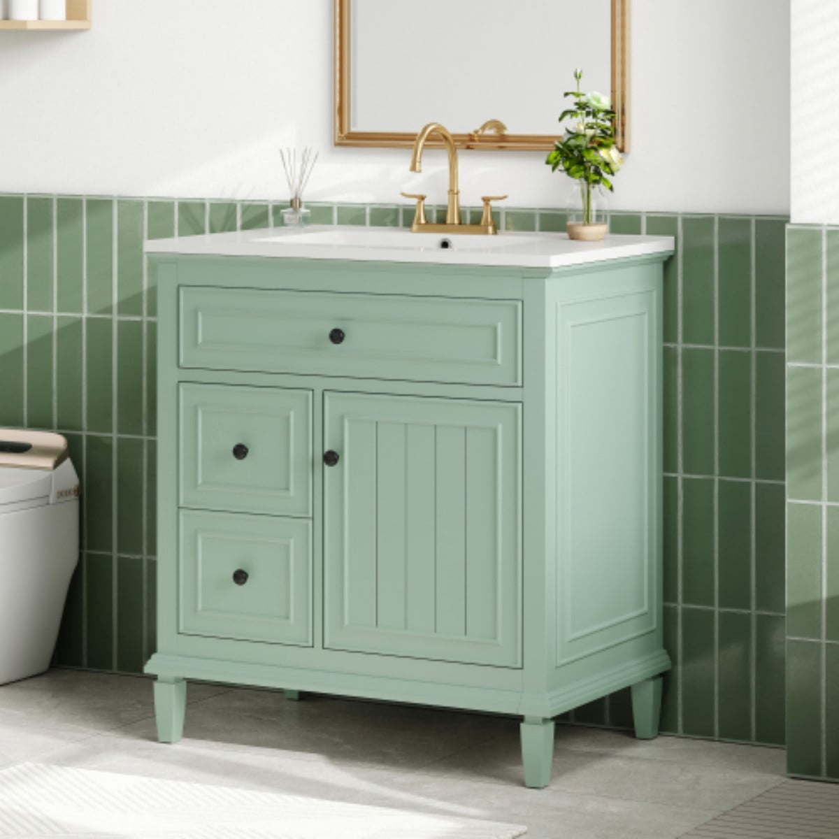 30" Bathroom Vanity with Sink, Modern Bathroom Cabinet with Ceramic Vanity Sink, Solid Wood & MDF Storage Cabinet with Flip Drawer, Adjustable Shelf, Green