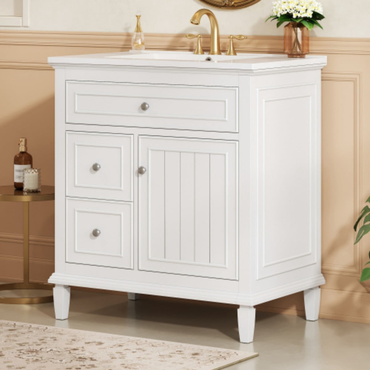 30" Bathroom Vanity with Sink, Modern Bathroom Cabinet with Ceramic Vanity Sink, Solid Wood & MDF Storage Cabinet with Flip Drawer, Adjustable Shelf, White
