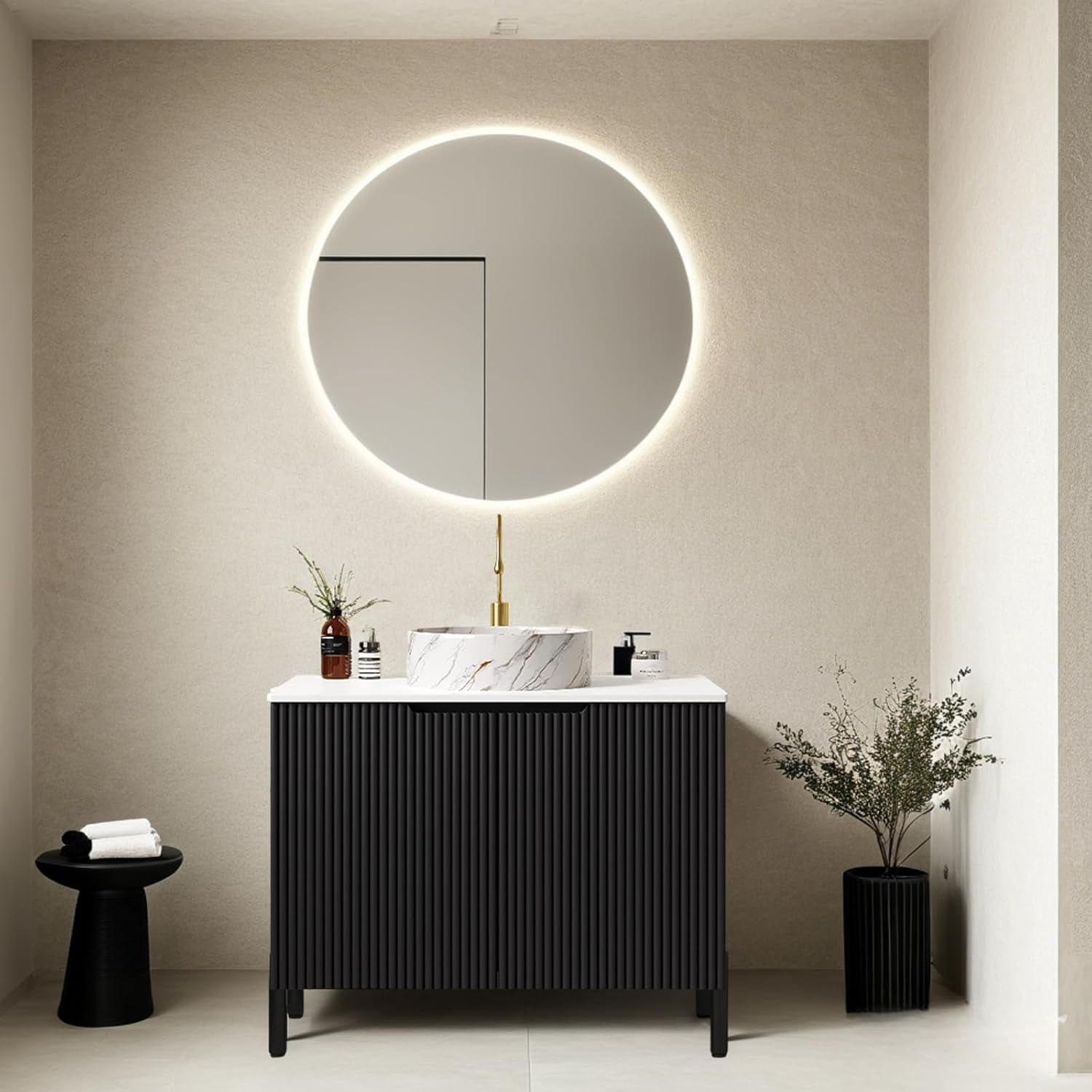 30" Bathroom Vanity with Sink, Modern Bathroom Vanities with Durable Marble Ceramic Basin and Sintered Stone Countertop, Soft Closing Doors, Freestanding Bathroom Cabinet, Black