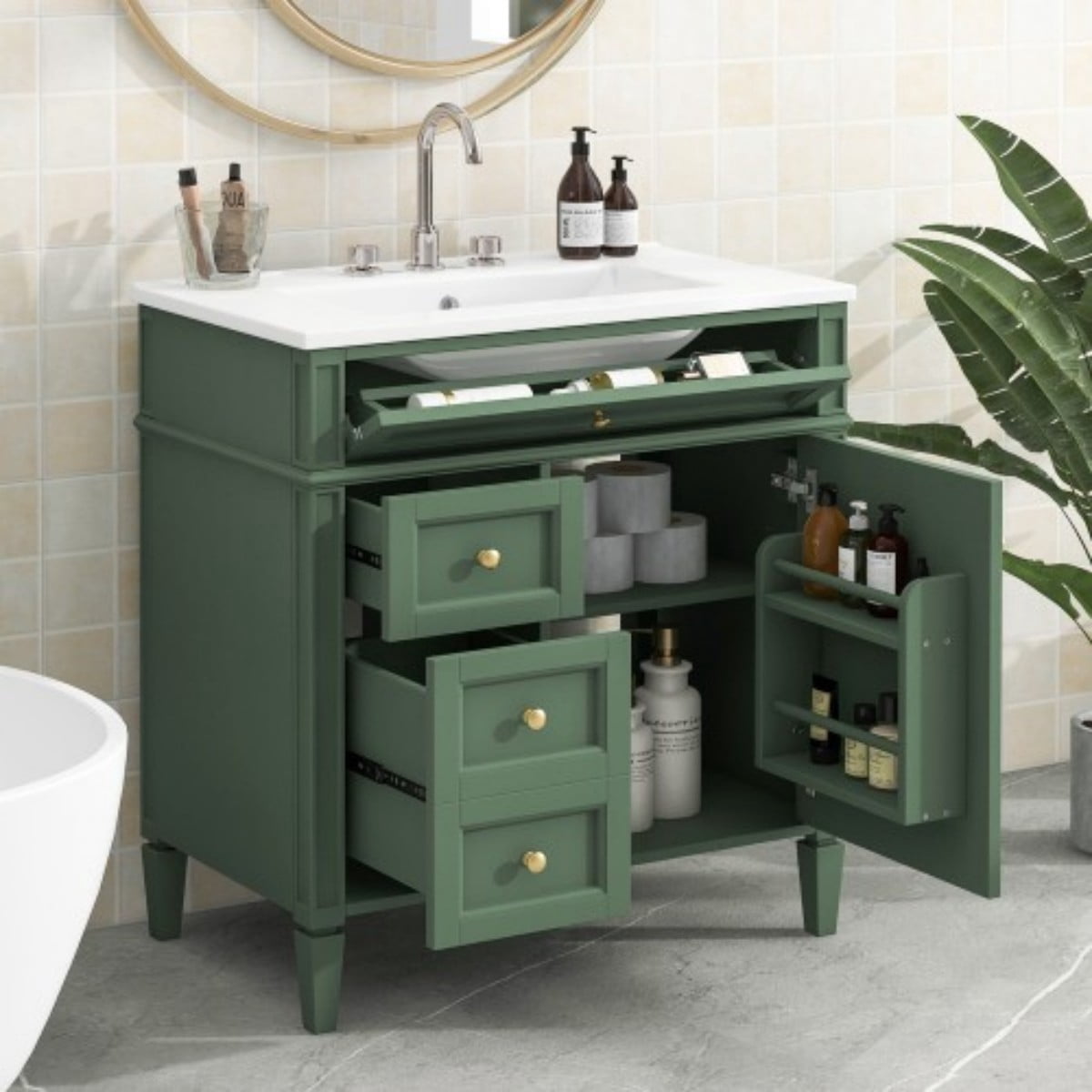 30" Bathroom Vanity with Sink, Modern Freestanding Bathroom Vanity Cabinet with Ceramic Sink, 3 Drawers & Tip-Out Drawer, Adjustable Shelf, White Storage Cabinet, Green