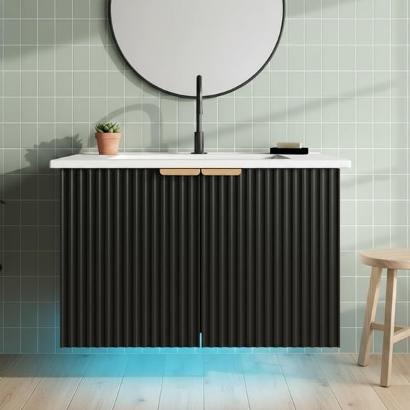 30" Bathroom Vanity with Sink, Modern Wall Mounted Floating Vanity Cabinet, Modern Bathroom Sinks with LED Light, Metal Handle & Double Soft-Close Doors, Black