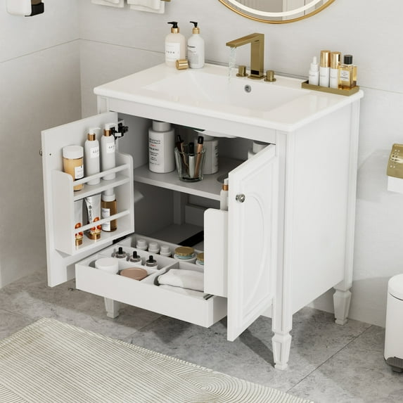 30" Bathroom Vanity with Undermount Ceramic Sink, Vintage-Style Storage Cabinet, Solid Wood Legs & Multi-Functional Drawers, White