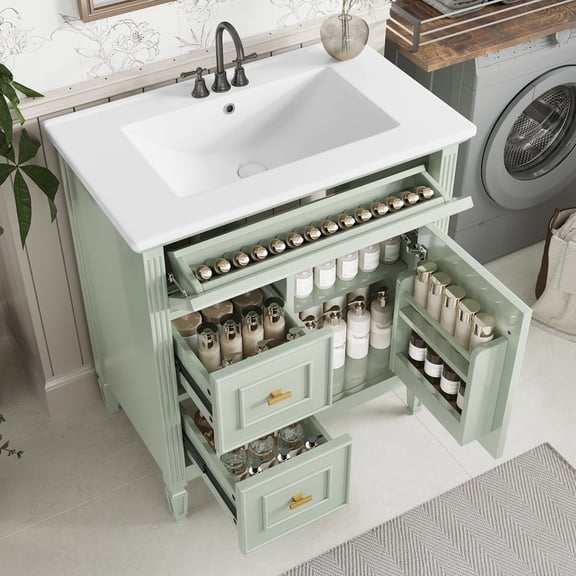 30" Bathroom Vanity with Sink, Solid Wood & MDF, Flip Drawer & Two Drawers, Adjustable Shelf, Overflow Protection, Easy-Clean Ceramic, for Home Bathroom, Green