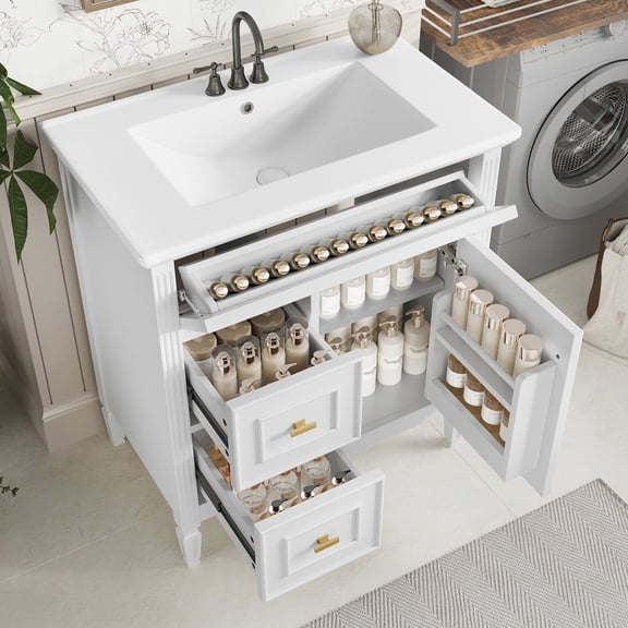 30" Bathroom Vanity with Sink, Solid Wood & MDF, Flip Drawer & Two Drawers, Adjustable Shelf, Overflow Protection, Easy-Clean Ceramic, for Home Bathroom, White