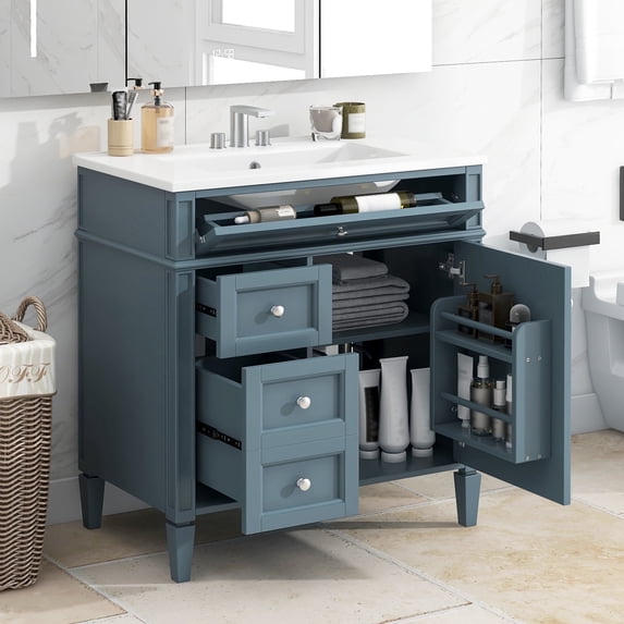 DTTRA 30'' Bathroom Vanity with Ceramic Sink, Modern Storage Cabinet with 2 Drawers & Tip-Out Drawer, Light Blue