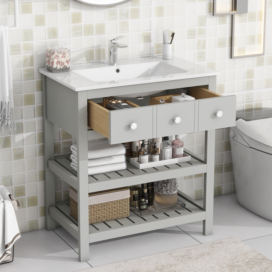30'' Bathroom Vanity with Sink, Bathroom Vanities with 3 Drawers & 2