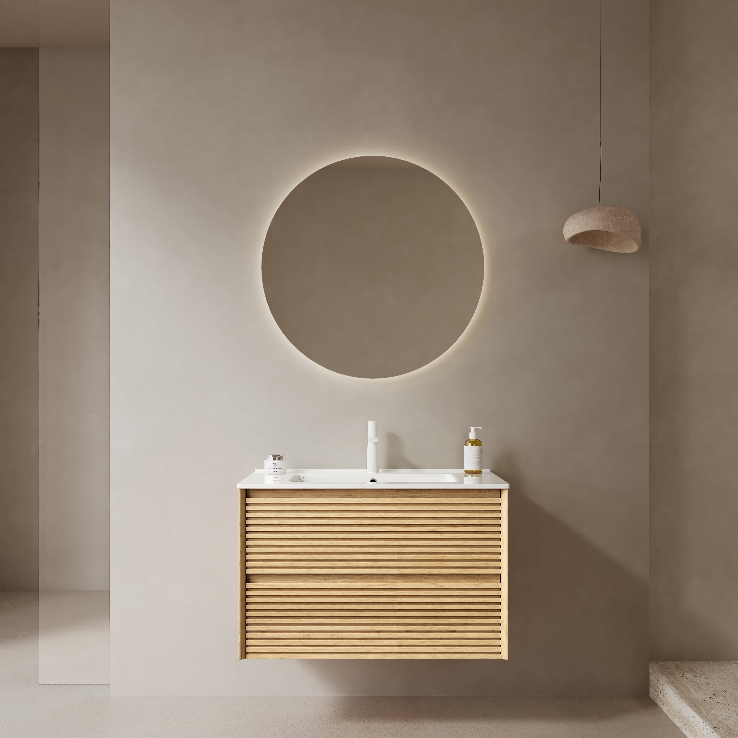 30" Bathroom Vanity with Sink, Wall-Mounted Floating Plywood Bathroom Storage Cabinet with Drawers, White Ceramic Basin, Pre-assembled, Corolla Oak Woodgrain Color