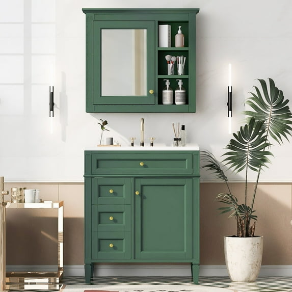 30'' Bathroom Vanity with Top Sink, Modern Bathroom Storage Cabinet with 2 Drawers and a Tip-out Drawer, Freestanding Single Sink Bathroom Vanity with Mirror Cabinet for Bathroom, Green