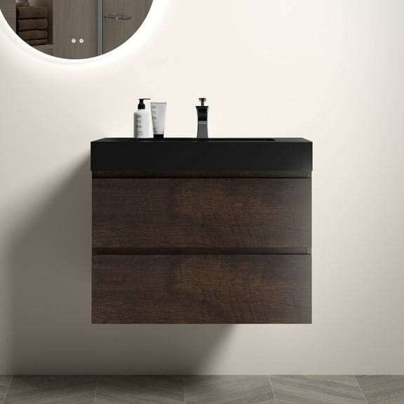 30" Bathroom Vanity with Wall-Mounted Design and Large Storage, Modern Minimalist Floating Vanity with 1-Piece Sink Basin, for Bathrooms, Walnut and black