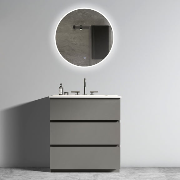 30" Bathroom Vanity with White Sink | Maximize Storage in Contemporary Bathrooms | Gray Melamine Finish for Aesthetic | Silent Operation Solves Noise Problems