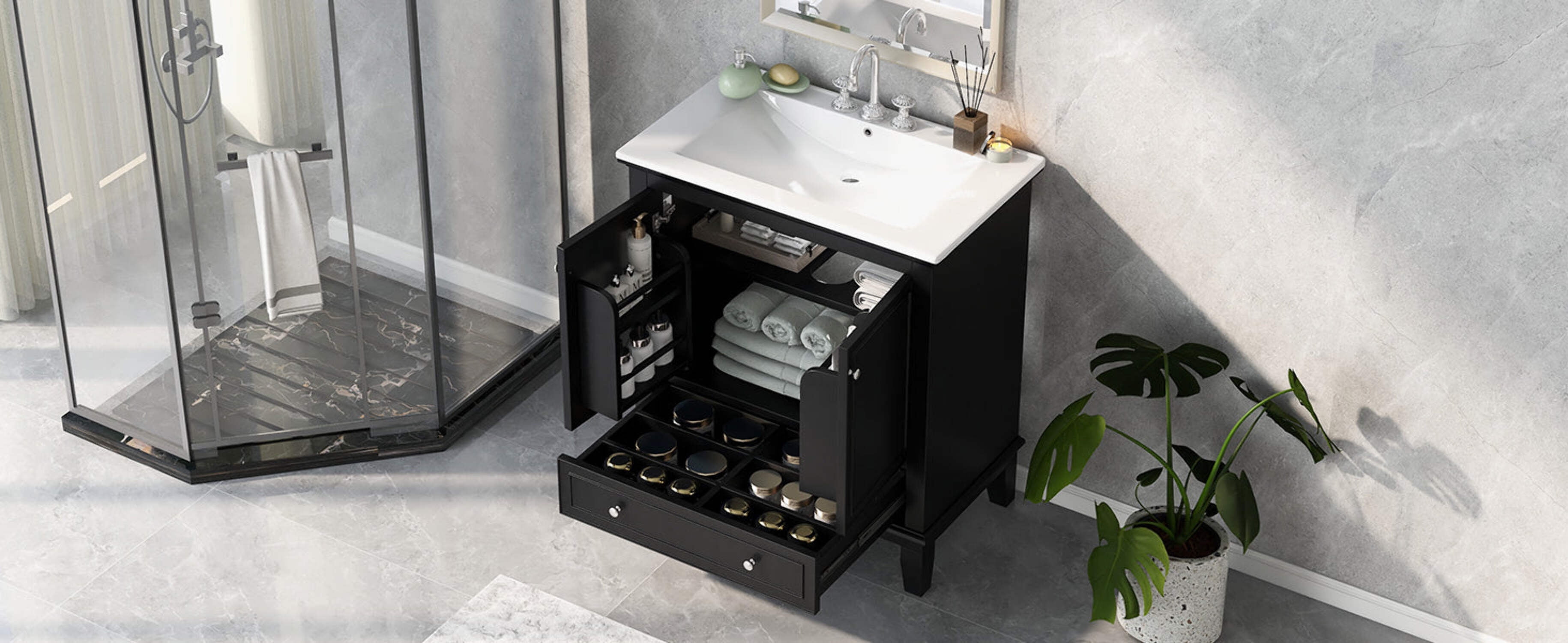 Black 30" Freestanding Bathroom Vanity with Ceramic Sink and Storage