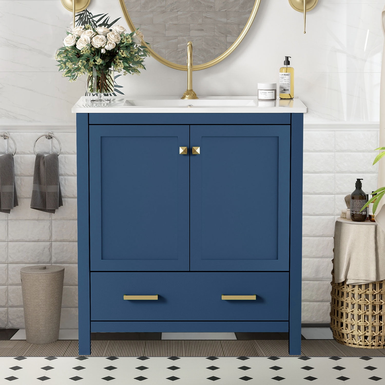30" Bathroom Vanity with 1 Hole Ceramic Sink, Freestanding Single Basin Vanity Set with Drawer and 2 Doors, Solid Wood Frame, Dark Blue