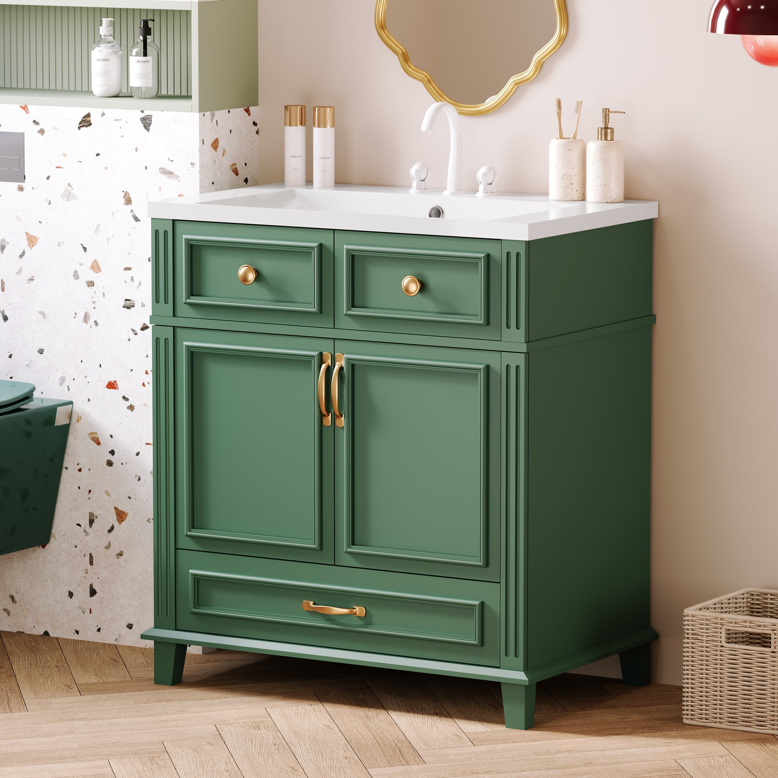 Green Solid Wood and MDF Bathroom Vanity with Resin Sink