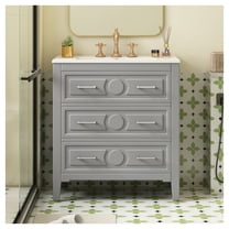30'' Bathroom Vanity with Ceramic Sink Combo, Free Standing Single Vanity Set with 3 Drawers, Solid Wood Frame Bathroom Storage Cabinet, Gray