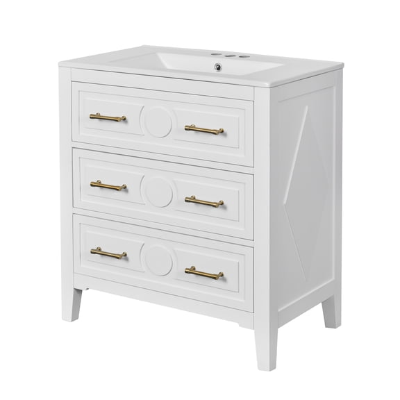 30'' Bathroom Vanity with Ceramic Sink Combo, Free Standing Single Vanity Set with 3 Drawers, Solid Wood Frame Bathroom Storage Cabinet, White