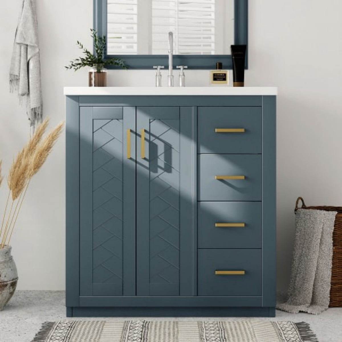 30" Bathroom Vanity with Ceramic Sink Combo, Freestanding Bathroom Vanity Cabinet with 3 Drawers, Solid Wood Frame, Retro Style, Blue