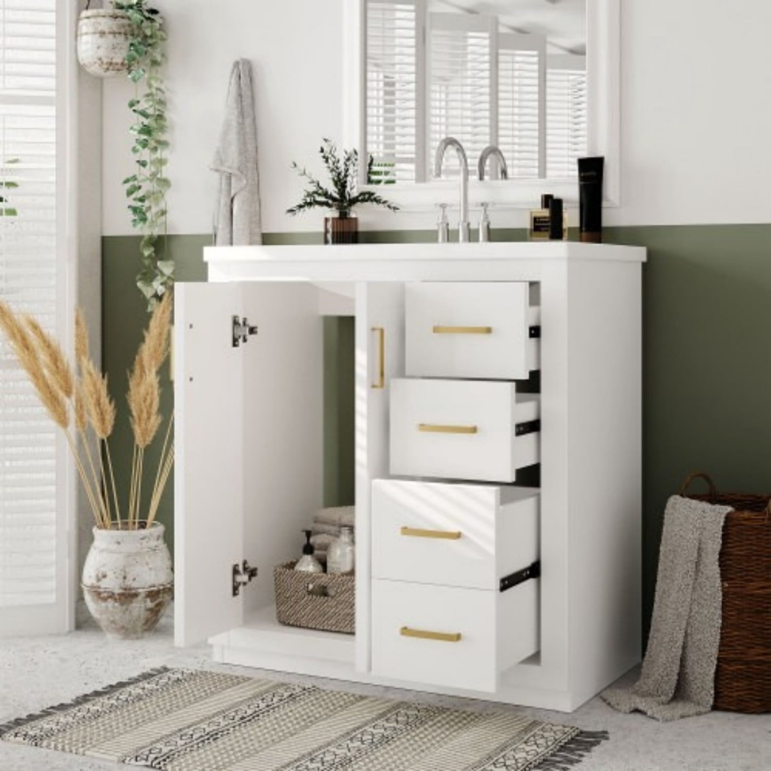 30" Bathroom Vanity with Ceramic Sink Combo, Freestanding Bathroom Vanity Cabinet with 3 Drawers, Solid Wood Frame, Retro Style, White