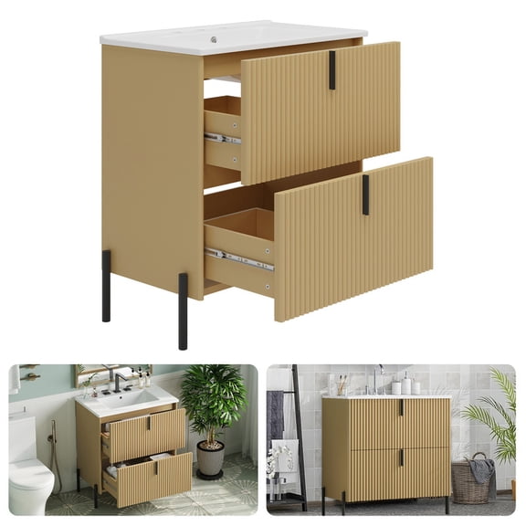 30" Bathroom Vanity with Ceramic Sink Combo, Small Space Freestanding Bathroom Vanity, Full Extension Drawers, Side Drawer Slides