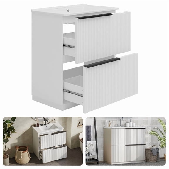 30" Bathroom Vanity with Ceramic Sink Combo, Small Space Freestanding Bathroom Vanity, Full Extension Drawers, Side Drawer Slides