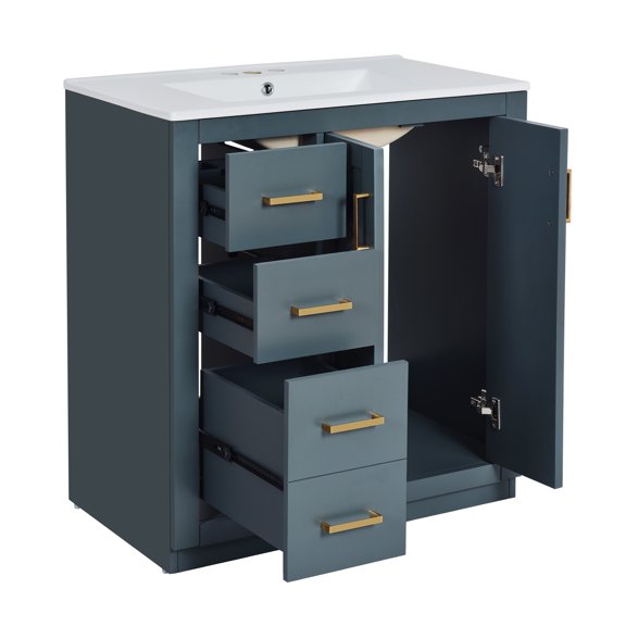 30'' Bathroom Vanity with Ceramic Sink Combo,Solid Wood Frame Bathroom Storage Cabinet, Freestanding Vanity Set with 3 Drawers& Soft Closing Doors
