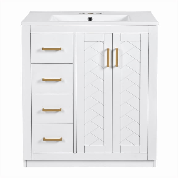 30'' Bathroom Vanity with Ceramic Sink Combo,Solid Wood Frame Bathroom Storage Cabinet, Freestanding Vanity Set with 3 Drawers& Soft Closing Doors