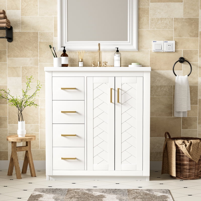 Yardi Yarda 30 Bathroom Vanity with Ceramic Sink and Soft-Close Door, Modern & Functional Cabinet with Built-in Shelf and Drawers, White