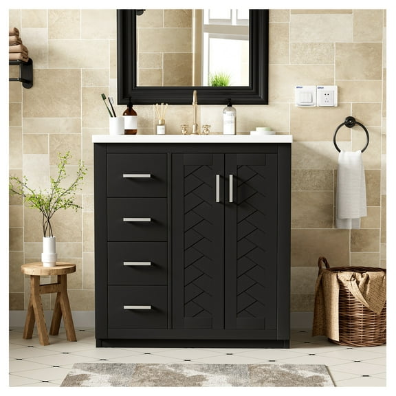 30'' Bathroom Vanity with Ceramic Sink Combo,Solid Wood Frame Bathroom Storage Cabinet, Freestanding Vanity Set with 3 Drawers& Soft Closing Doors