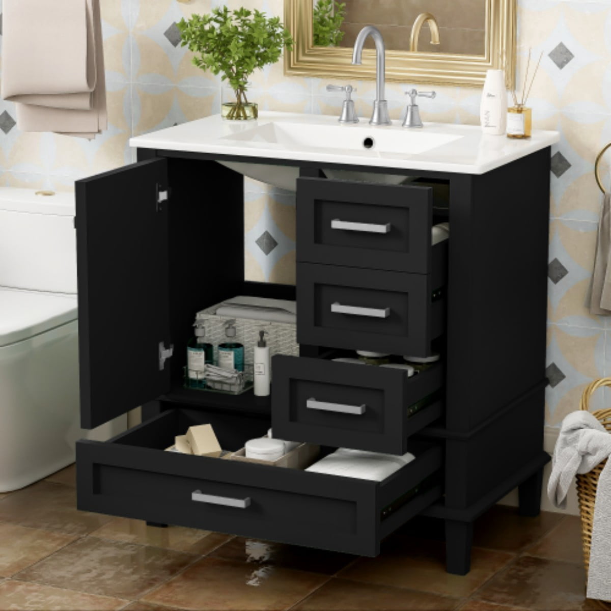 30" Bathroom Vanity with Ceramic Sink, Freestanding Bathroom Cabinet, Soft Close Door, 3 Drawers, Solid Wood Frame, Black
