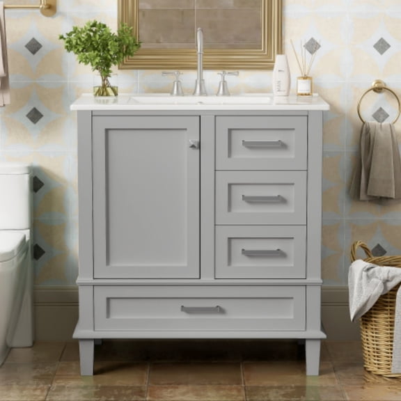 30" Bathroom Vanity with Ceramic Sink, Freestanding Bathroom Cabinet, Soft Close Door, 3 Drawers, Solid Wood Frame, Grey