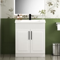 30" Bathroom Vanity with Ceramic Sink, Freestanding Bathroom Cabinet with 2 Doors, Modern Wave-Pattern Fluted Design, White