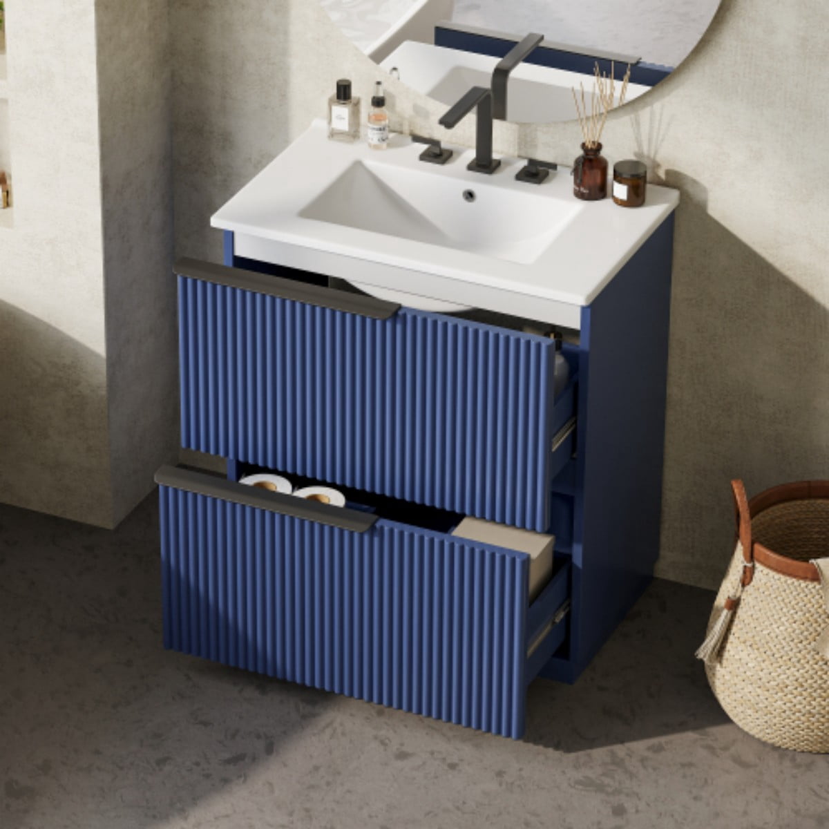 30" Bathroom Vanity with Ceramic Sink, Freestanding Bathroom Cabinet with Full Extension Drawers, Soft Close Slides, Fluted Design, Blue