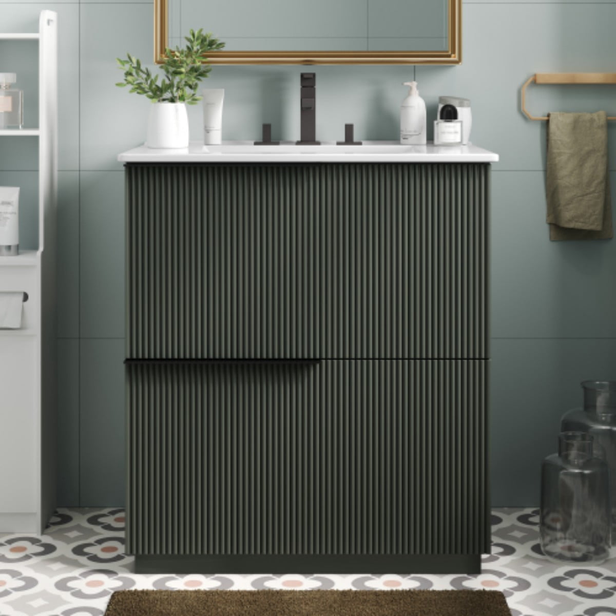 30" Bathroom Vanity with Ceramic Sink, Freestanding Bathroom Cabinet with Full Extension Drawers, Soft Close Slides, Fluted Design, Green