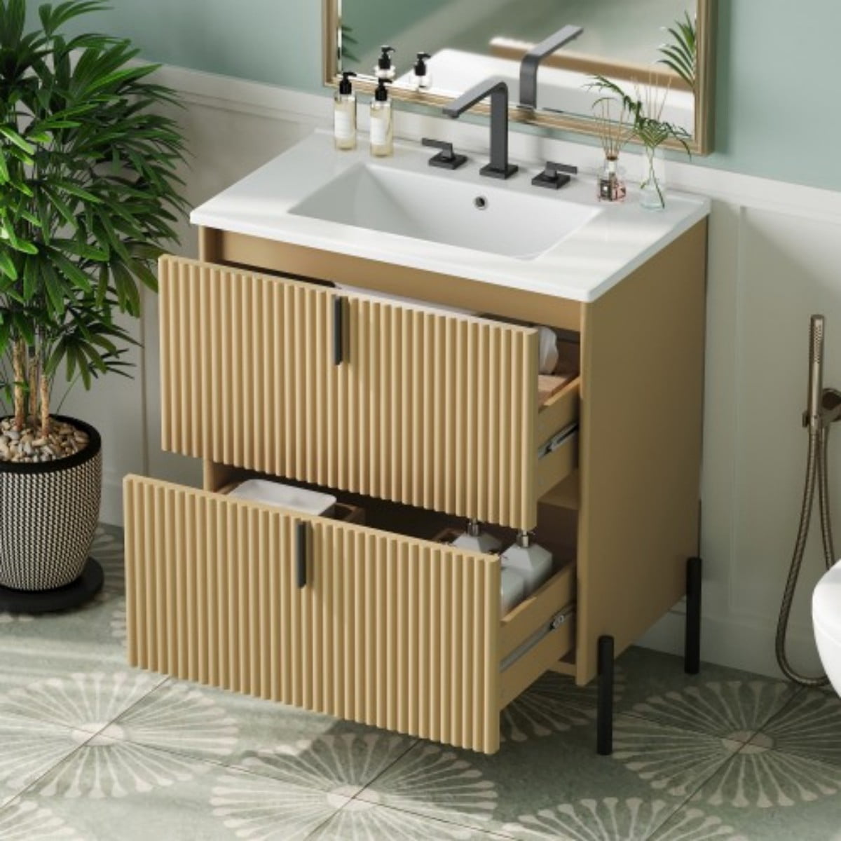 30" Bathroom Vanity with Ceramic Sink, Freestanding Bathroom Cabinet with Full Extension Drawers, Soft Close Slides, Fluted Design, Natural