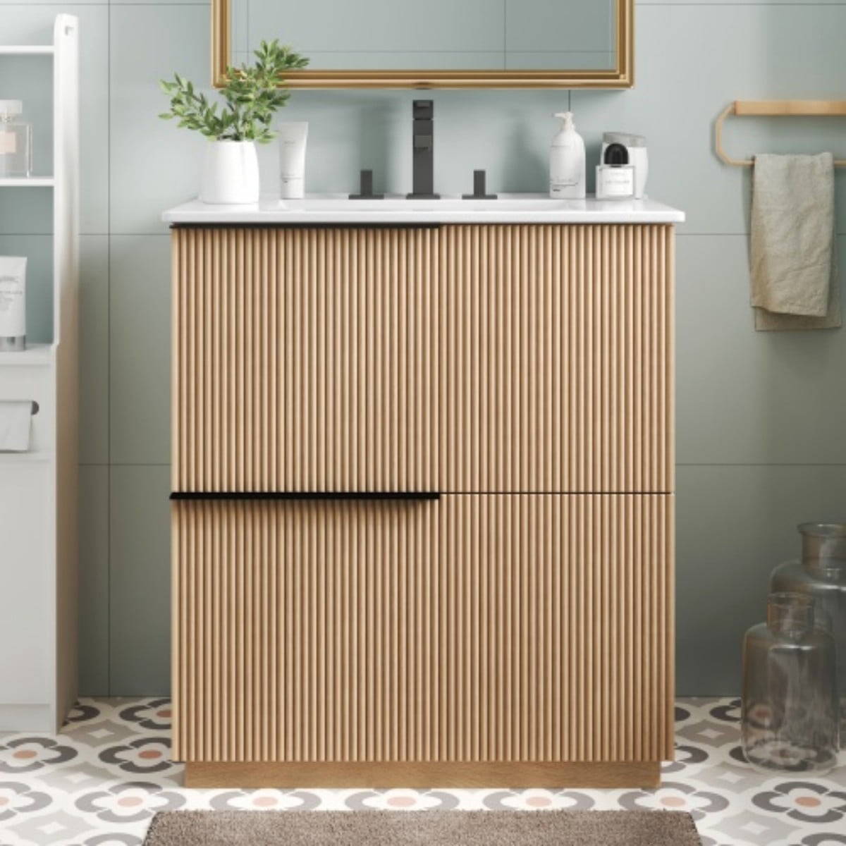 30" Bathroom Vanity with Ceramic Sink, Freestanding Bathroom Cabinet with Full Extension Drawers, Soft Close Slides, Fluted Design, Natural
