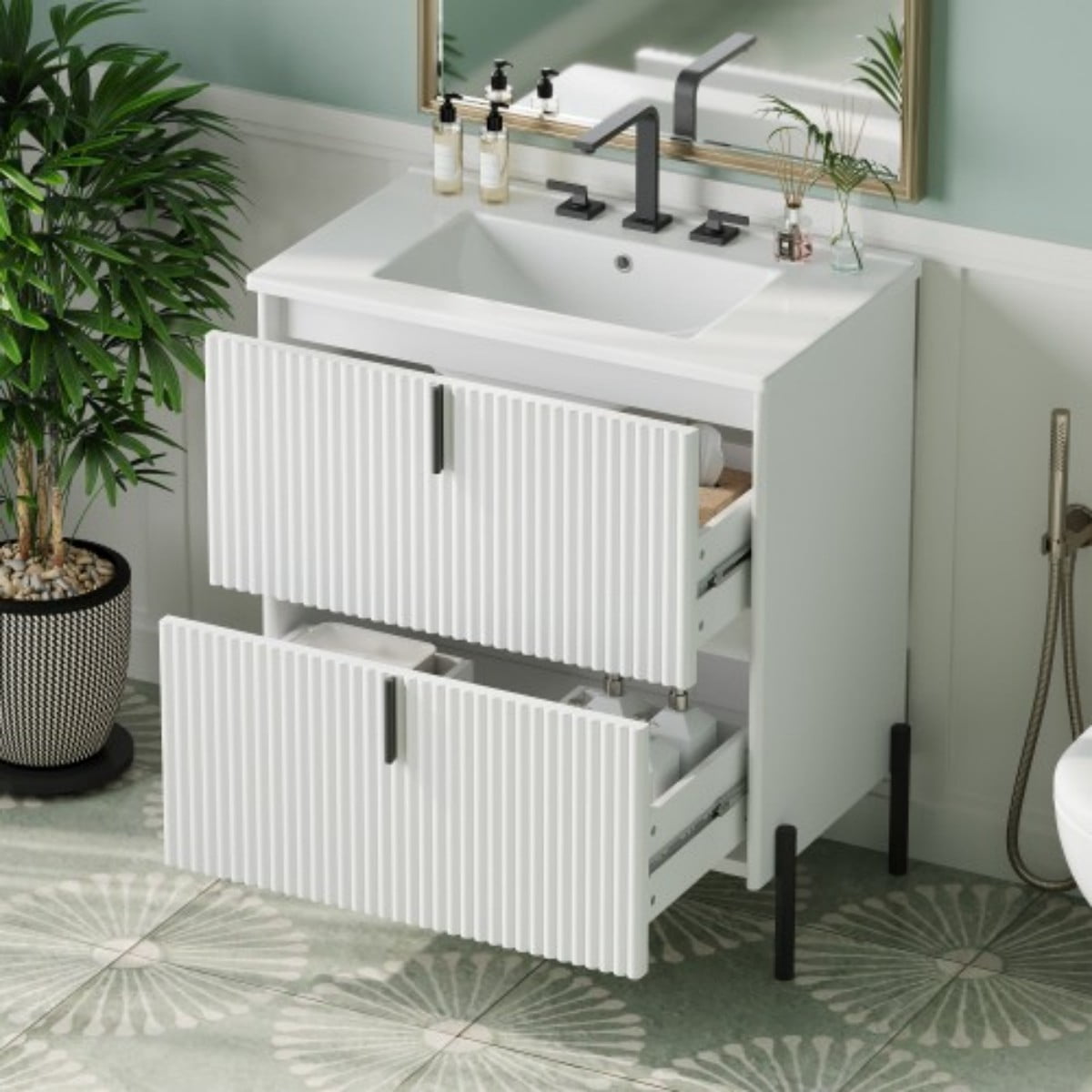 30" Bathroom Vanity with Ceramic Sink, Freestanding Bathroom Cabinet with Full Extension Drawers, Soft Close Slides, Fluted Design, White