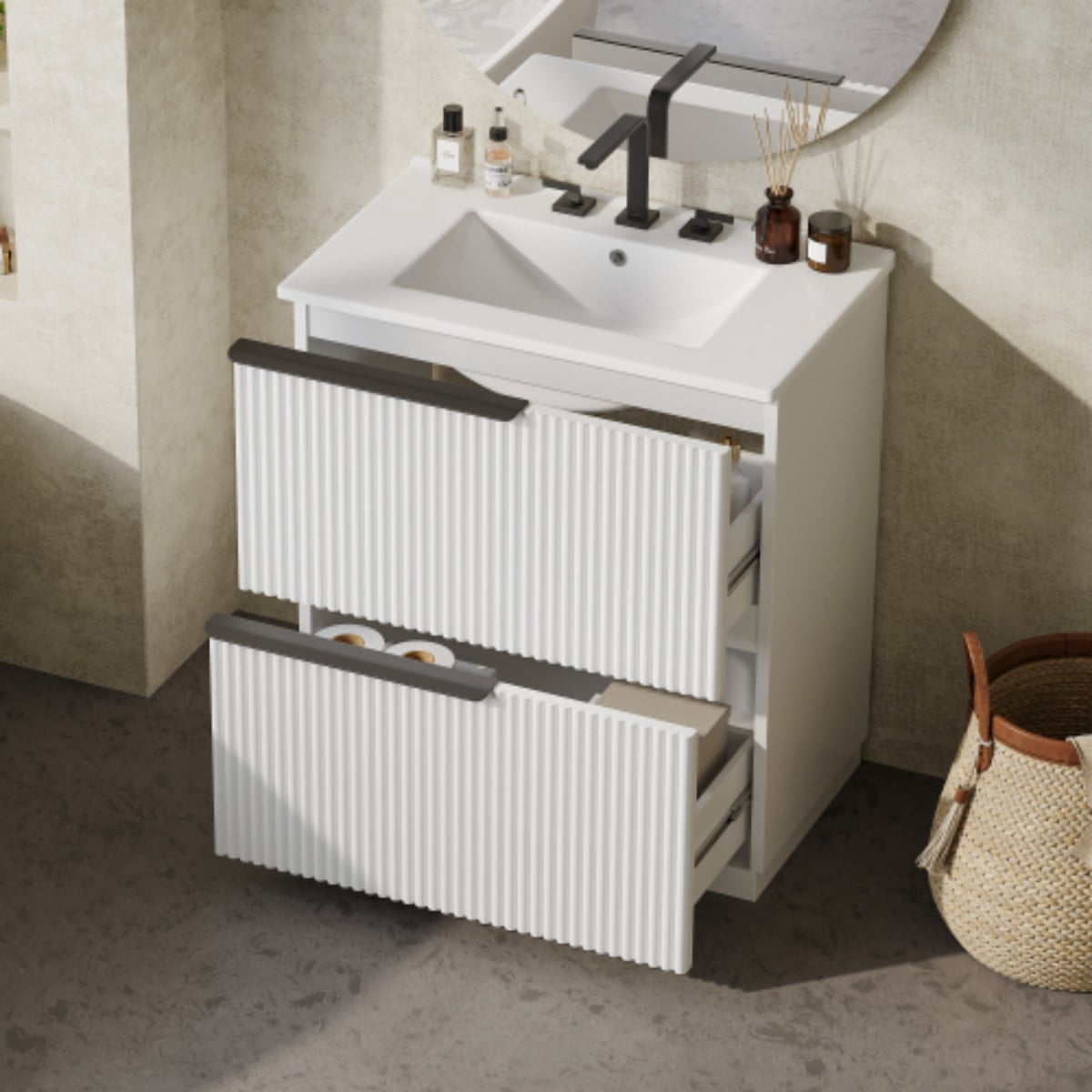 30" Bathroom Vanity with Ceramic Sink, Freestanding Bathroom Cabinet with Full Extension Drawers, Soft Close Slides, Fluted Design, White