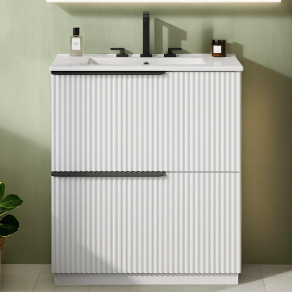 30" Bathroom Vanity with Ceramic Sink, Freestanding Bathroom Cabinet with Full-Extension Drawers, White