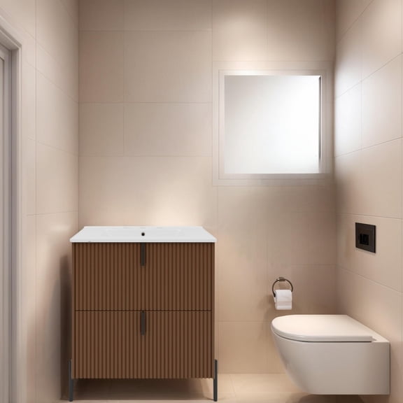 30" Bathroom Vanity with Ceramic Sink, Freestanding Bathroom Cabinet with Vertical Pulls & Full-Extension Drawers, Dark Brown