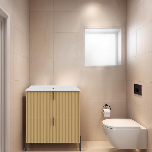 30" Bathroom Vanity with Ceramic Sink, Freestanding Bathroom Cabinet with Vertical Pulls & Full-Extension Drawers, Natural