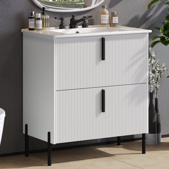 30" Bathroom Vanity with Ceramic Sink,Freestanding Storage Cabinet with Full-Extension Soft Close Drawer for Bathroom,White