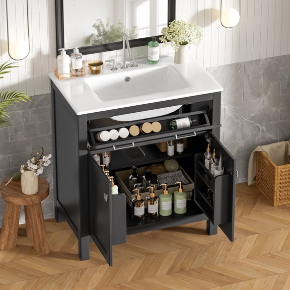 DTTRA 30" Modern Bathroom Vanity with Ceramic Sink, Flip Drawer & Adjustable Shelf, Black