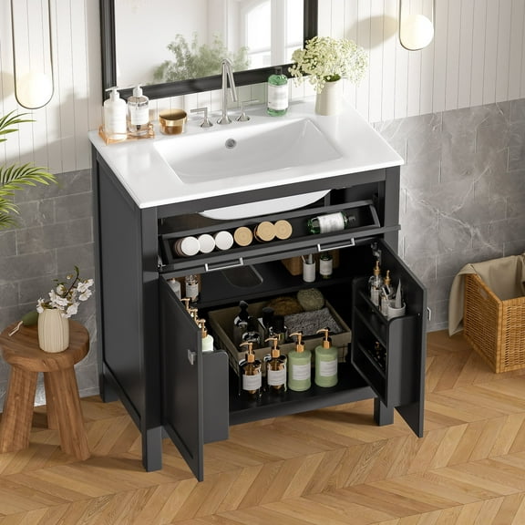 30" Bathroom Vanity with Ceramic Sink, Modern Bathroom Cabinet with 2 Soft Close Doors & U-Shaped Shelf, Solid Wood Frame, Flip-Out Drawer
