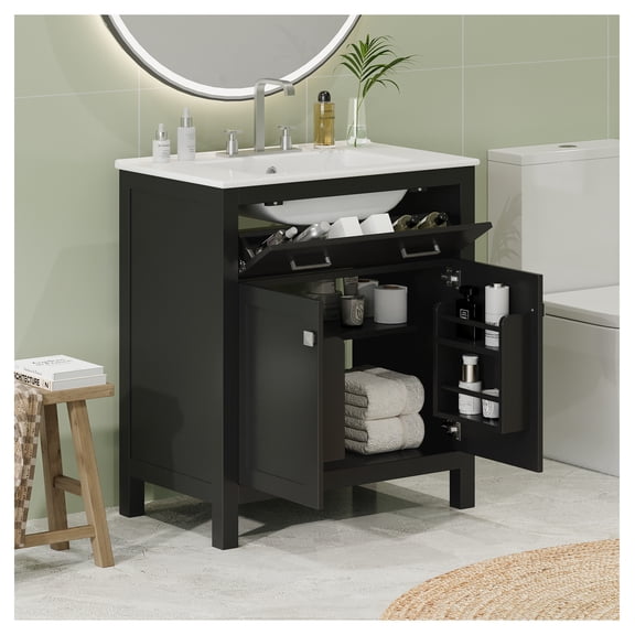 30" Bathroom Vanity with Ceramic Sink, Modern Black Single Bathroom Cabinet with 2 Doors and a Shelf, Soft Close Doors