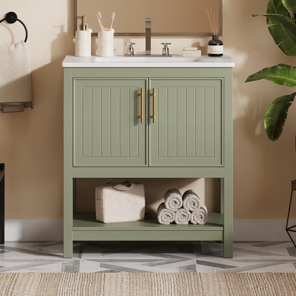 30" Bathroom Vanity with Ceramic Sink, Soft-Close Doors & Storage Shelves, Gold Handles, Freestanding Cabinet for Small Bathrooms,Green