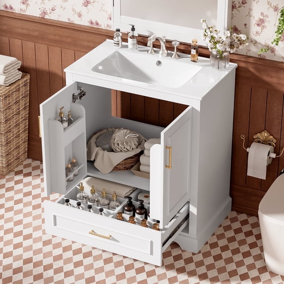 DTTRA 30" Freestanding Bathroom Vanity with Ceramic Sink, Divided Drawer and Soft Close Doors, White