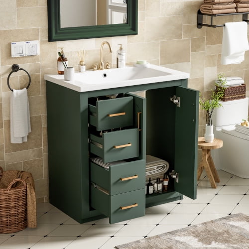 30" Bathroom Vanity with Ceramic Sink, Solid Wood & MDF Storage Cabinet, 3 Drawers & Soft-Close Cabinet, Green Freestanding Vanity Set