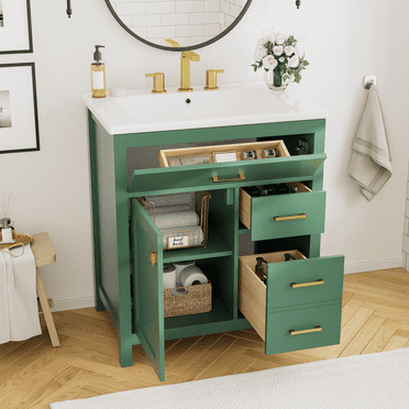 30" Bathroom Vanity with Ceramic Sink, Wood Frame Bathroom Storage Cabinet with 1 Door, 4 Drawers, Freestanding Vanity Cabinet Set for Bathroom